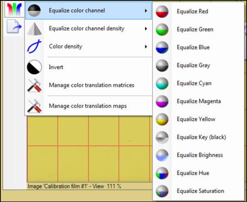Screenshot of equalize color channel options.